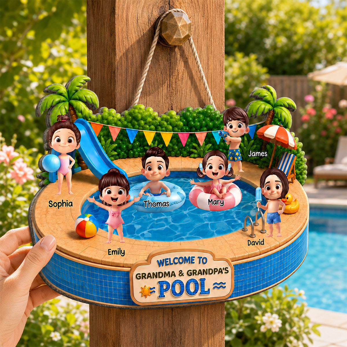 Welcome To Grandma Grandpa Pool Playful Kids 2D Flat - Personalized Wood Sign