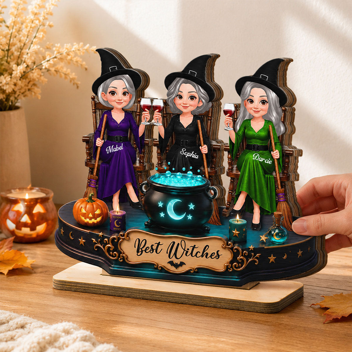 Besties Sisters Witches 2D Flat - Personalized Wooden Plaque - Halloween Decoration