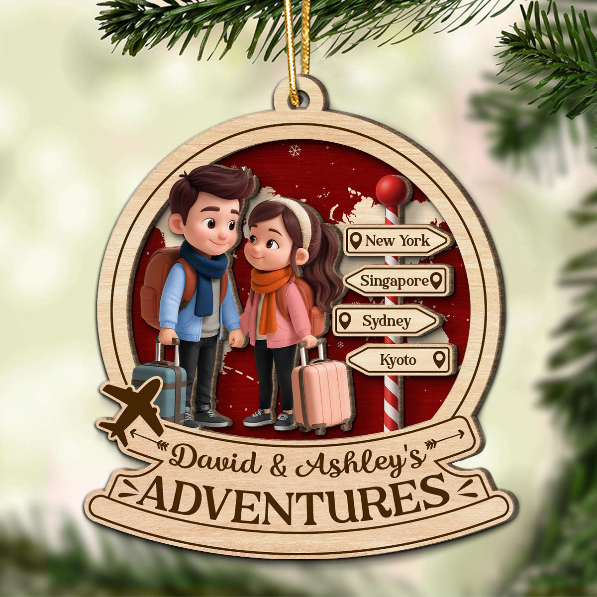 Travel Destination Ornament For Adventure Couple - Personalized Wooden Ornament - Christmas Gift For Him, For Her