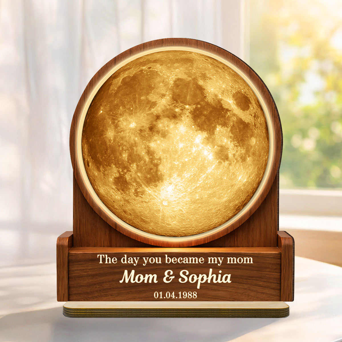 The Day You Became My Mom Custom Moon Phase by Date - Personalized 2-Layered Wooden Plaque - Heartfelt Gift for Mom