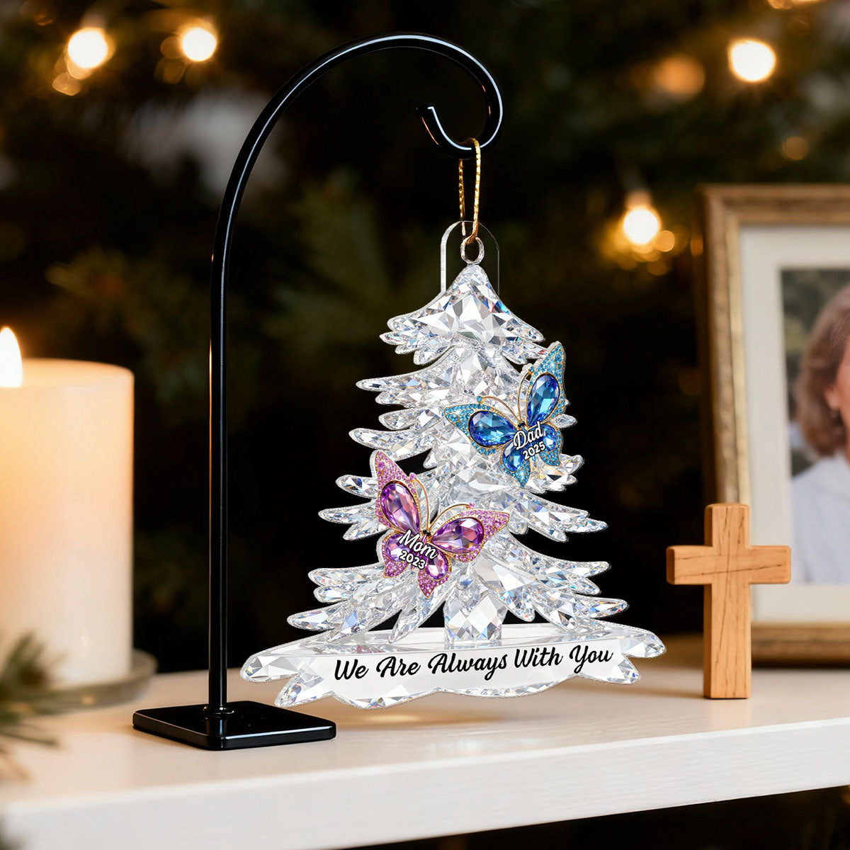 3D Effect Flat Christmas Tree Butterfly Memorial - Personalized Acrylic Ornament - Remembrance Gift, Sympathy Gift