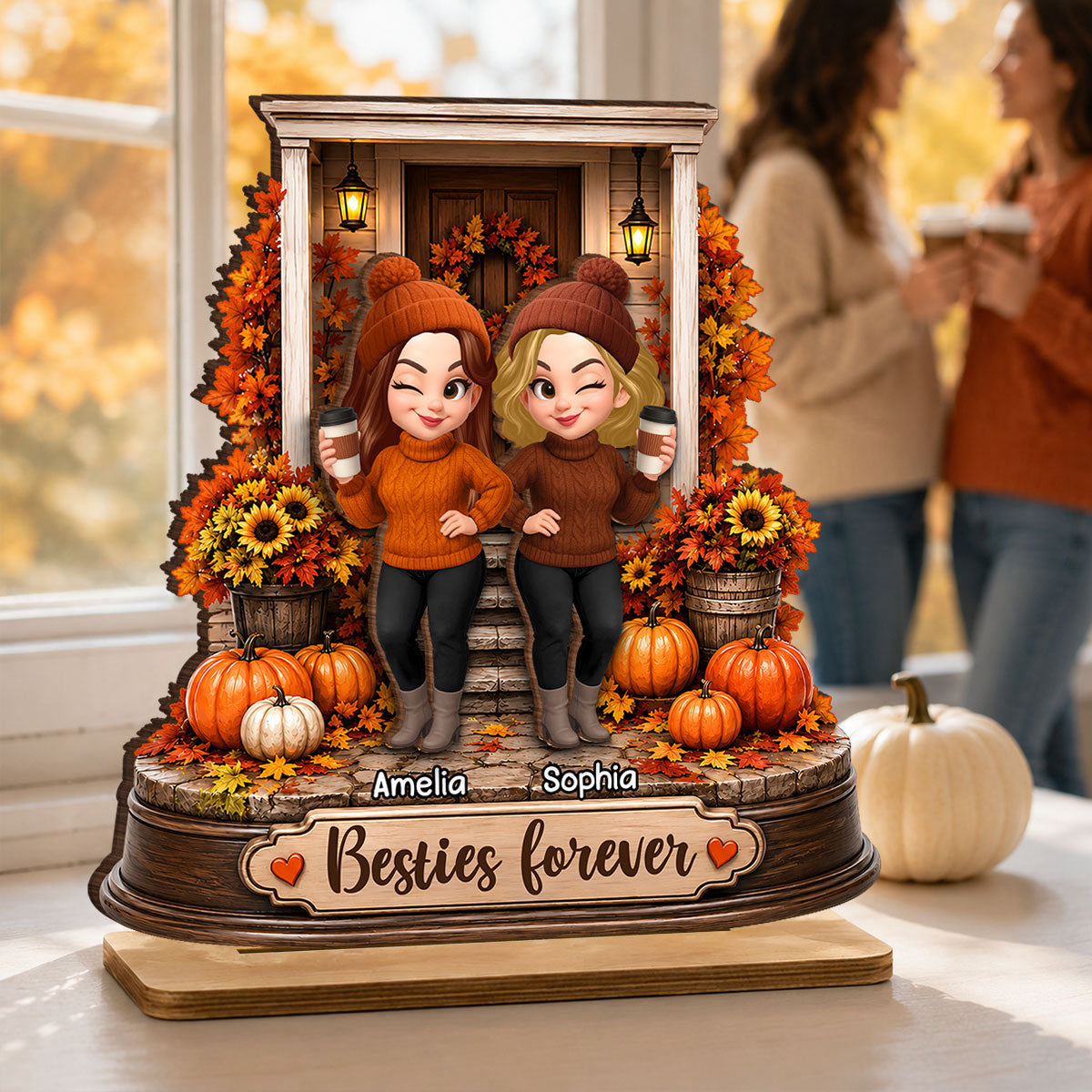 Besties Forever Front Porch Memories - Personalized 2-Layered Wooden Plaque - Fall Season Gift For Besties