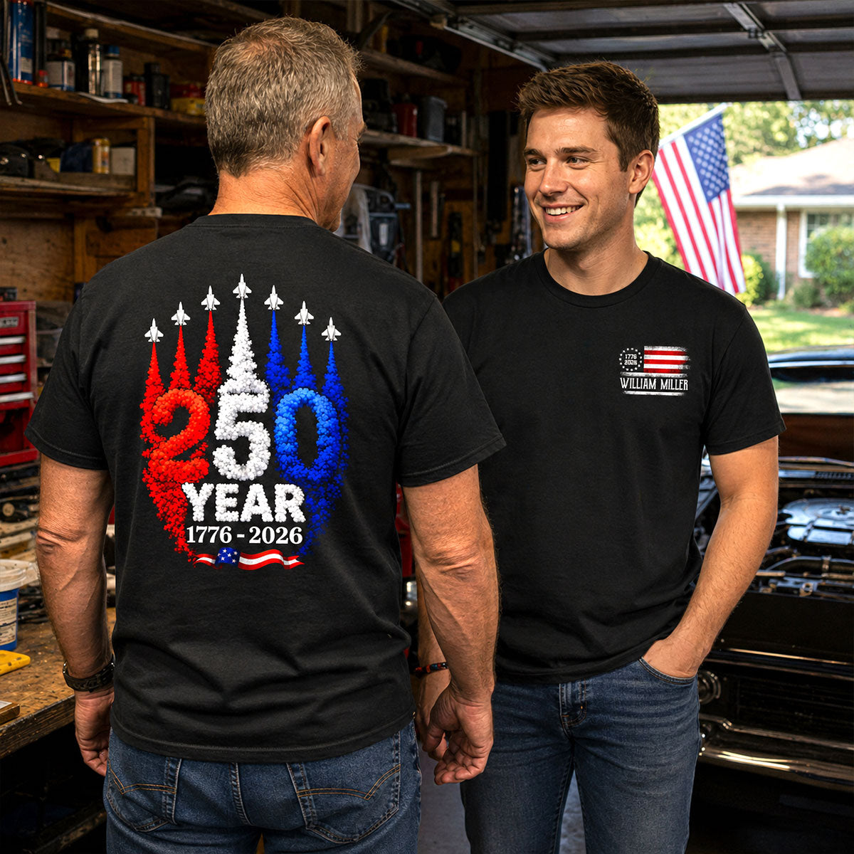 250 Years American Flag Red White Blue Jet Smoke Custom Name - Personalized Shirt - United States 250th Anniversary USA Patriotic