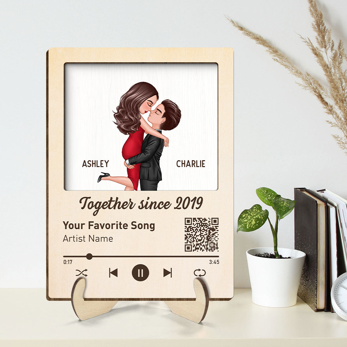 Couple Kissing Favorite Song QR Code  Gift Personalized 2-layer Wooden Plaque