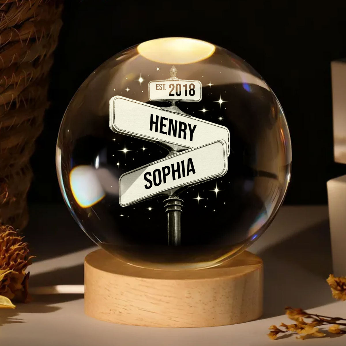 Custom Couple Street Sign - Personalized Crystal Ball LED Night Light - Sentimental Valentine's Day Gift for her, for him