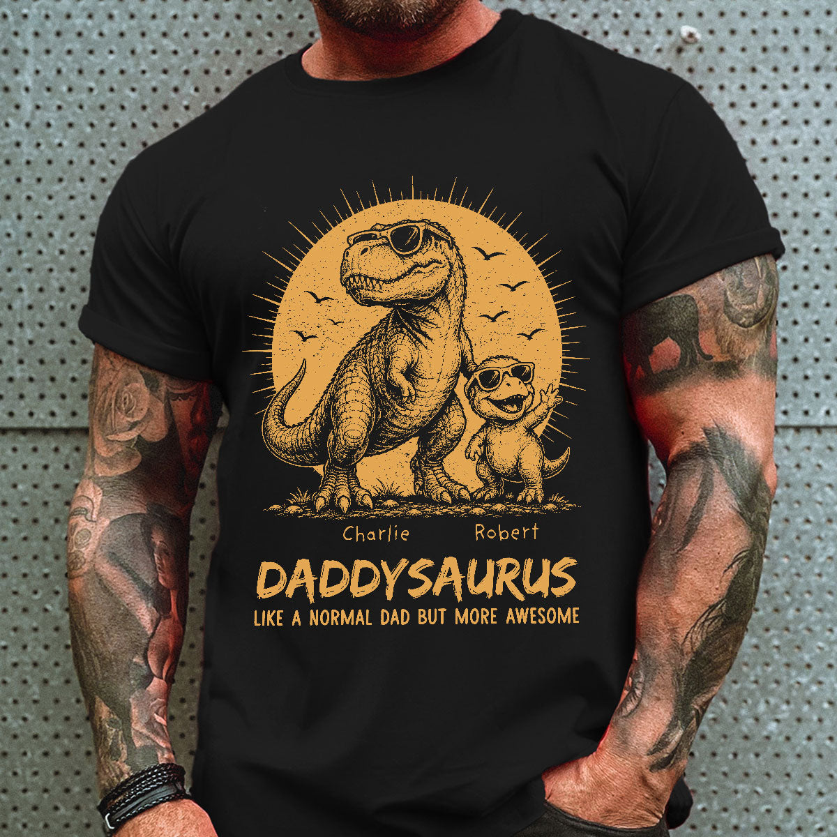 Retro Yellow Vintage Daddysaurus - Personalized Shirt - Funny Father's Day Gift For Dad, Husband