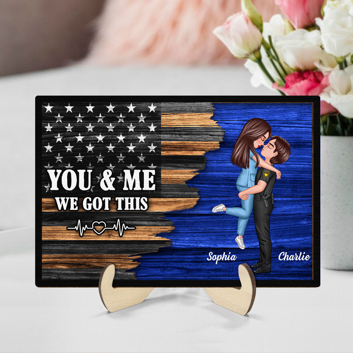 Saving Lives Together Hero Couple Half Flag Gifts by Occupation Gift For Her Gift For Him Firefighter, Nurse, Police Officer Personalized 2-Layer Wooden Plaque