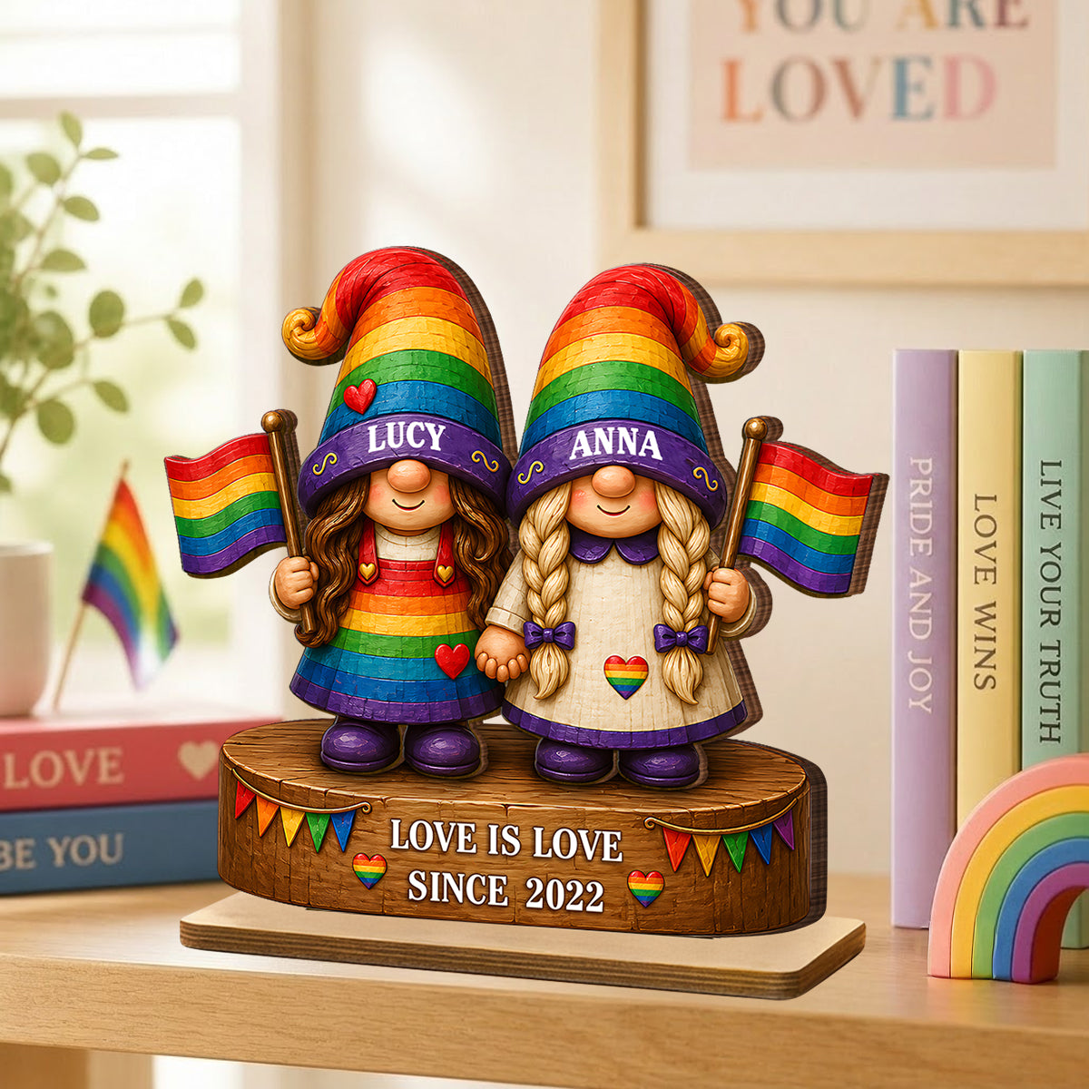 Love Is Love Rainbow Gnome Couple - Personalized 2-Layered Wooden Plaque - Gift For Couple, Happy Pride Month