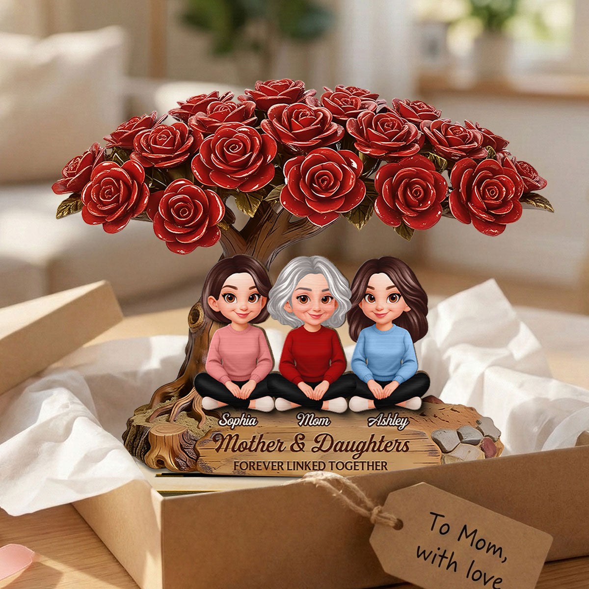 Vintage Rose Tree Mom And Daughter Son - Personalized 2-Layered Wooden Plaque - Gift For Mom
