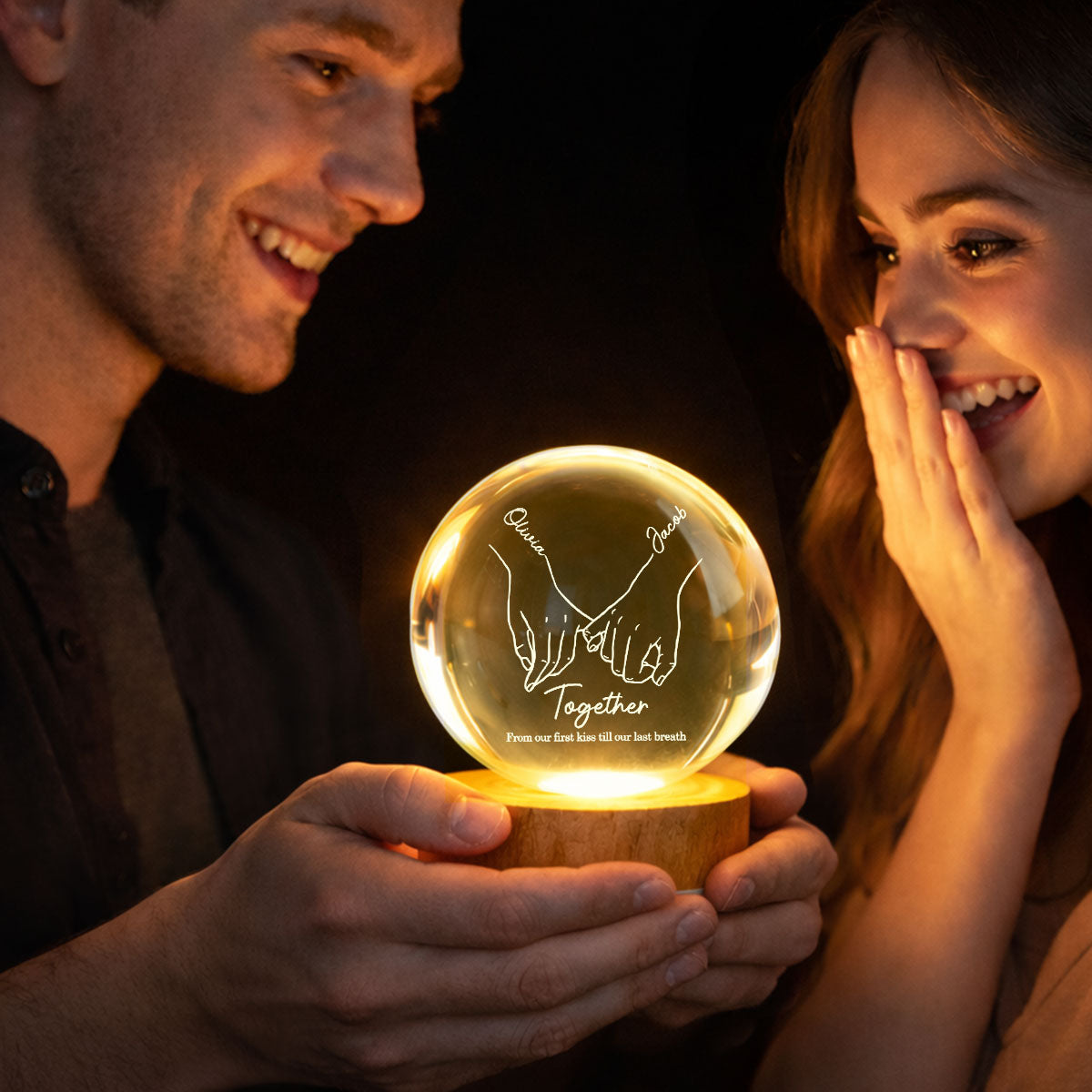 Couple Interlocked Hands - Personalized Crystal Ball LED Night Light - Sentimental Gift for Her, for Him, Couple Keepsake