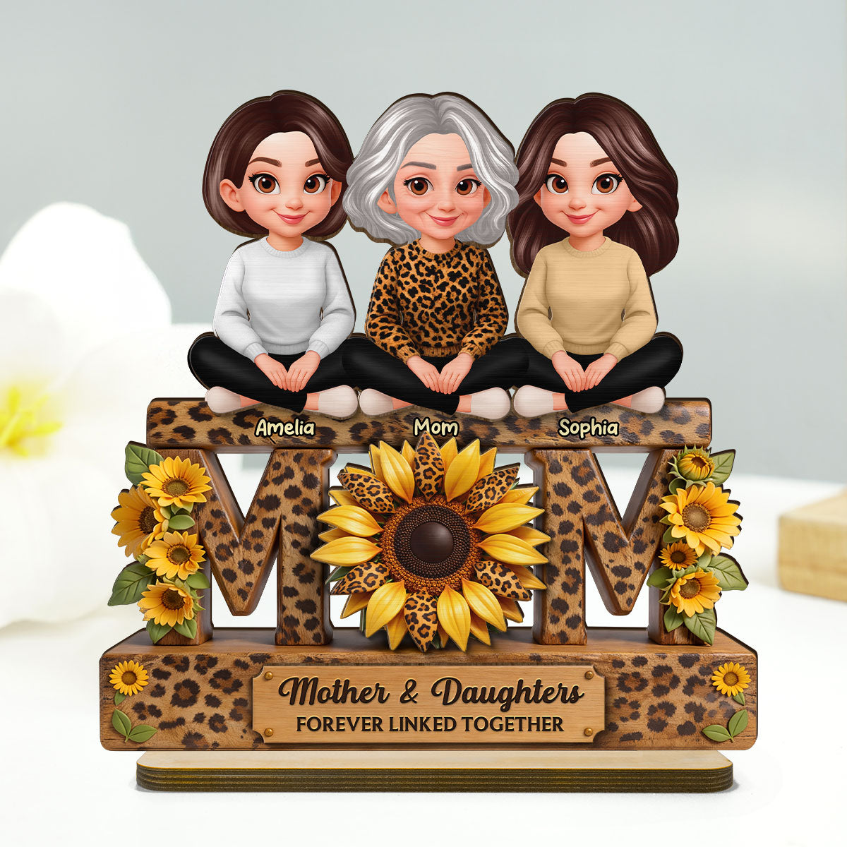 Beautiful Leopard Sunflower You Are My Sunshine MOM And Daughters Sons - Personalized 2-Layered Wooden Plaque - Gift For Mom