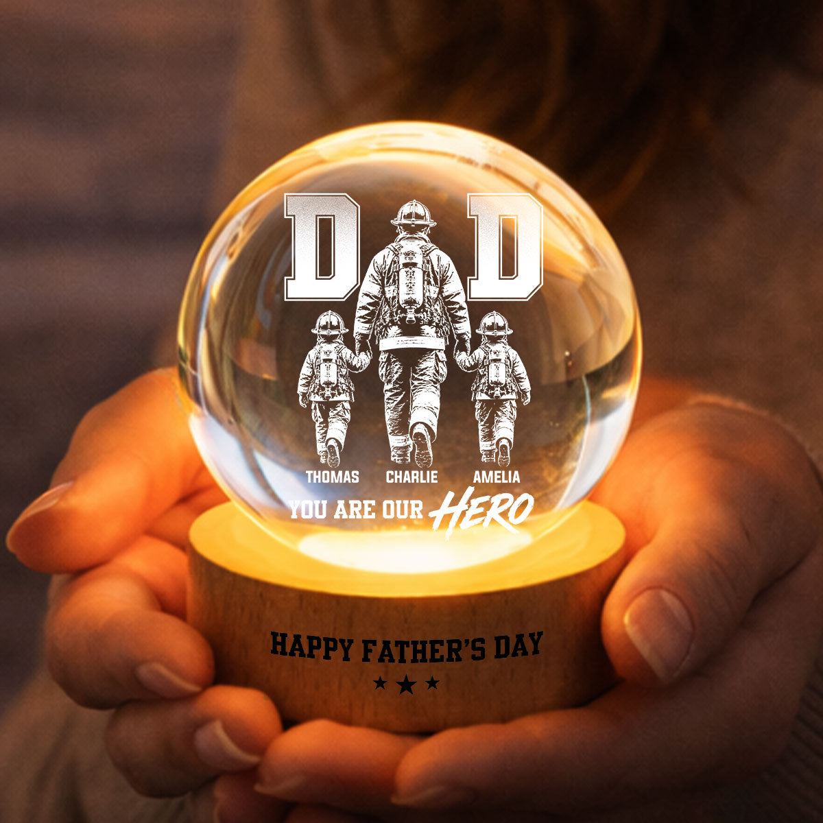 Proud Firefighter Dad You Are Our Hero - Personalized Crystal Ball LED Night Light -  Gift For Dad, Husband