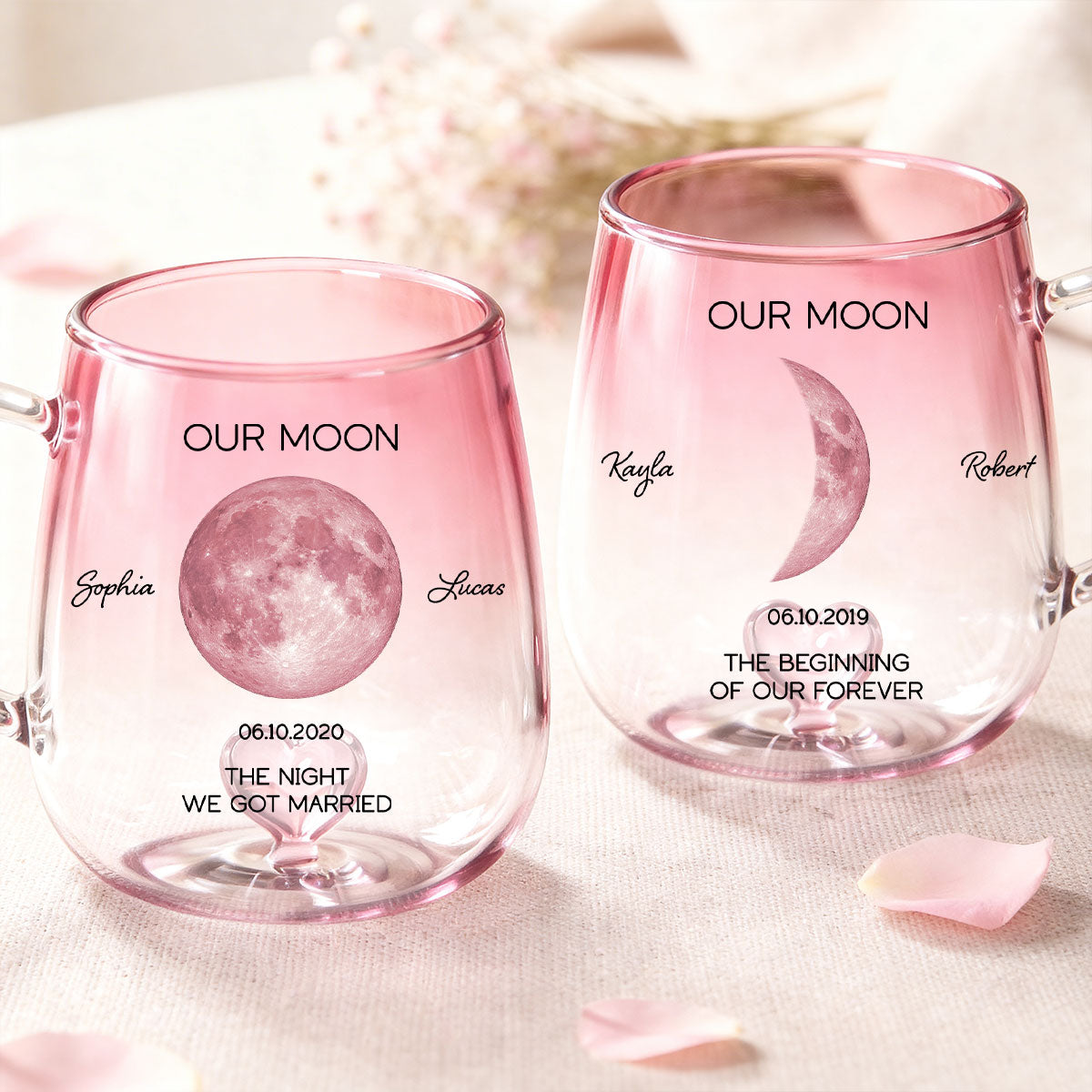 Our Moon Couple Custom Moon Phase by Date - Personalized Glass Mug - Anniversary Gift, Birthday Gift for Husband, Wife