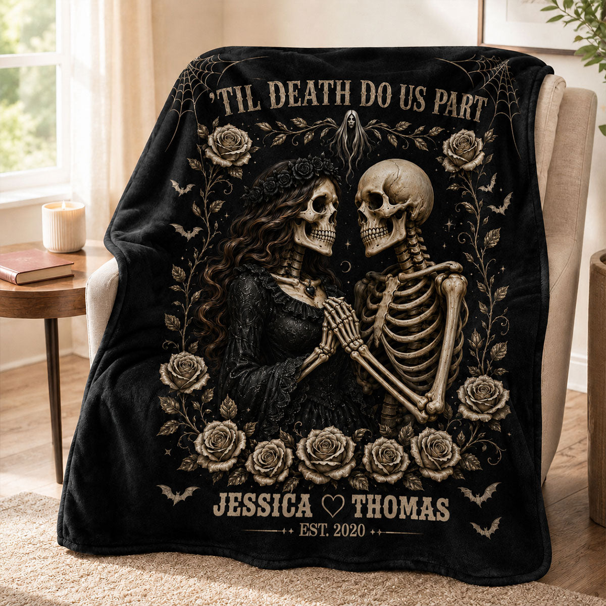 Till Death Do Us Part Skeleton Couple - Personalized Fleece Blanket - Spooky Goth Couple Halloween Gift