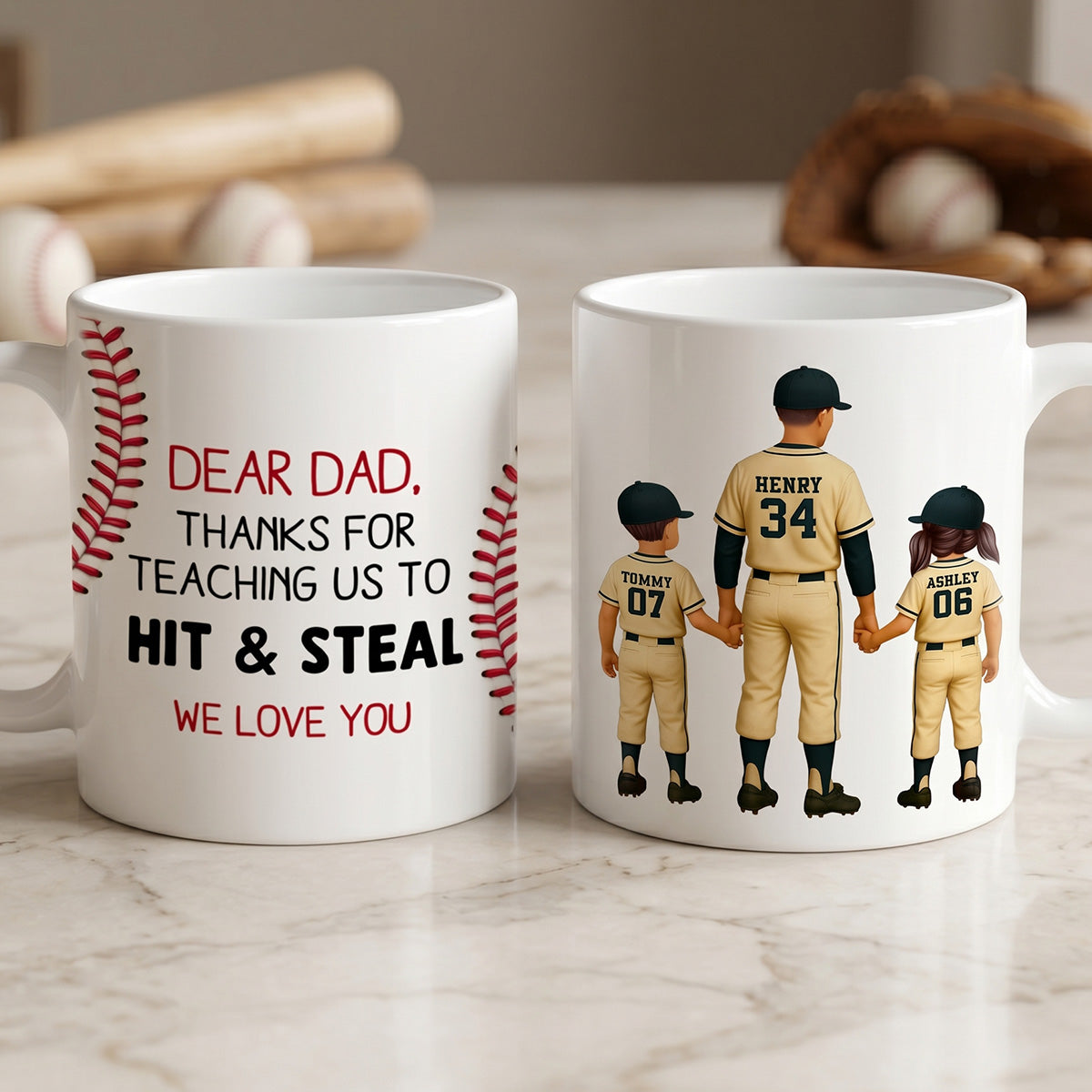 Thank You For Teaching Us To Hit & Steal Baseball Dad & Kids - Personalized Mug - Father's Day Gift For Dad, Husband