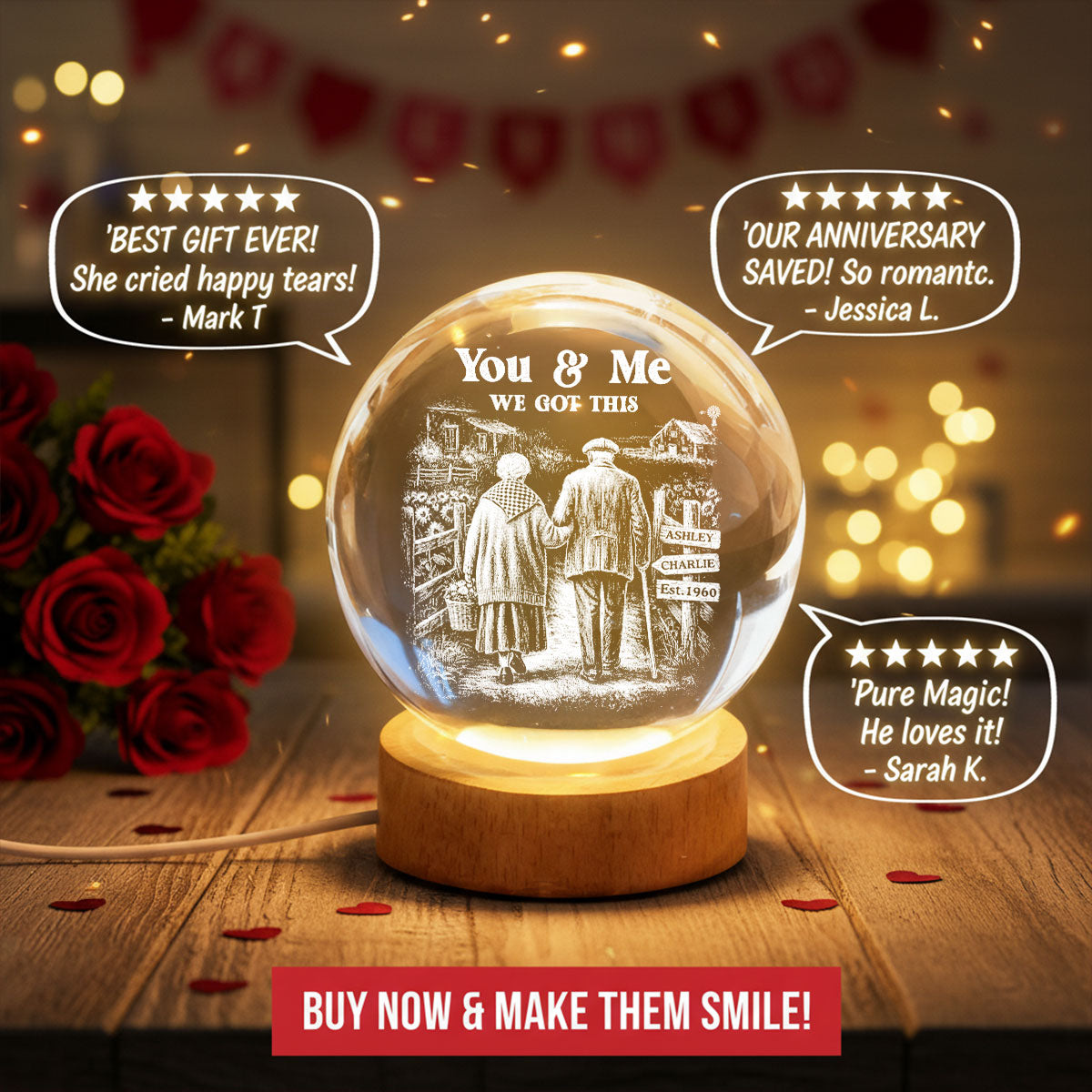 Old Couple Walking Growing Old Together - Personalized Crystal Ball LED Night Light, Heartfelt Valentine's Day Gift For Couple, For Him, For Her