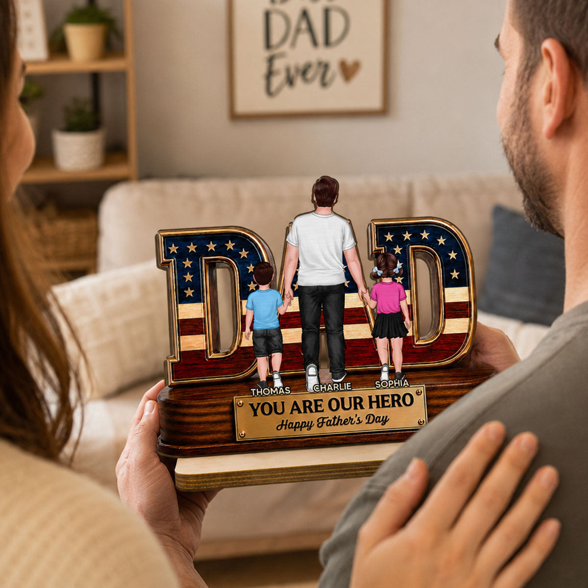 Nation Flag Dad And Kids You Are Our Hero - Personalized 2-Layered Wooden Plaque -  Gift For Dad, Husband