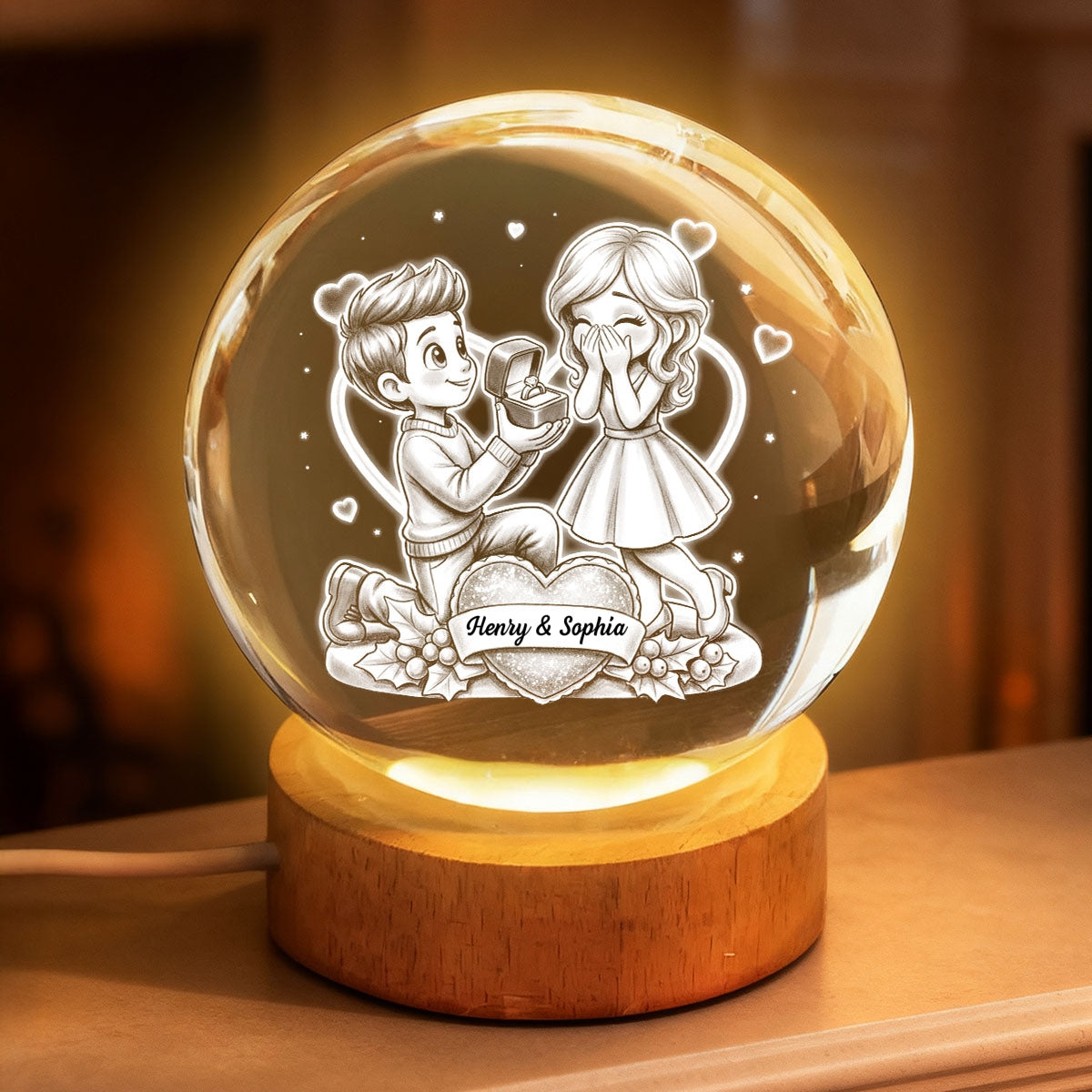 Marriage Proposal Valentine - Personalized Crystal Ball LED Night Light - Anniversary, Valentine's Day Gift, Gift For Him, Gift For Her