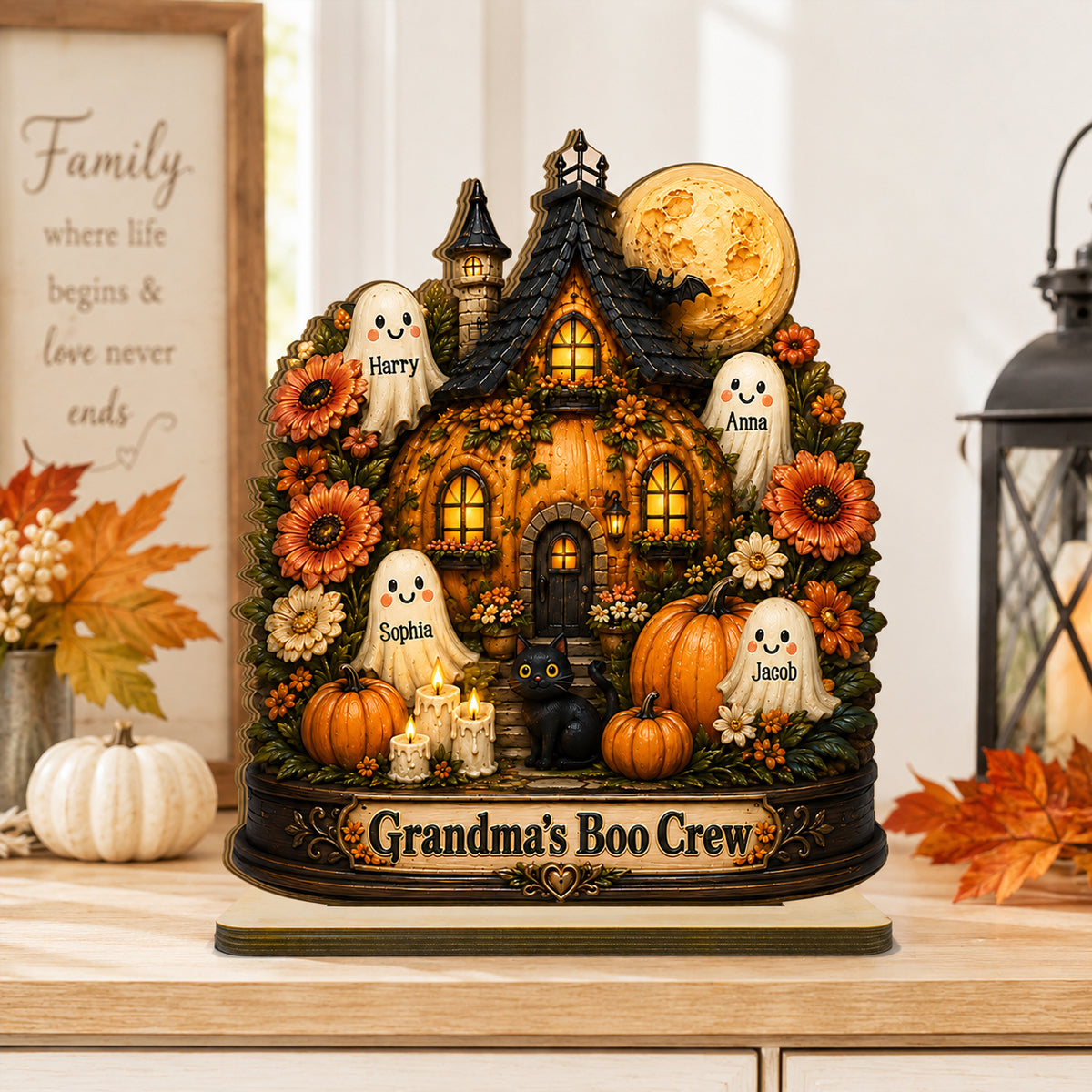 Pumpkin House Grandma's Boo Crew - Personalized 2-Layered Wooden Plaque - Halloween Decor Gift, Gift For Grandma