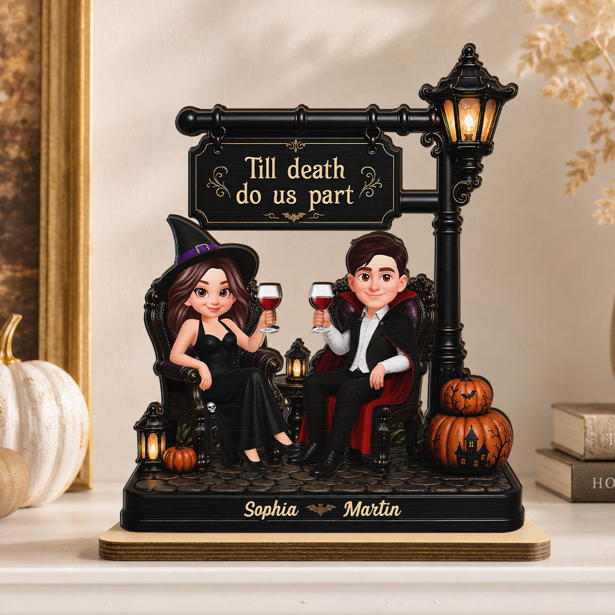 Classic Halloween Couple Under Lamp Post - Personalized 2-Layered Wooden Plaque - Halloween Decoration For Couple