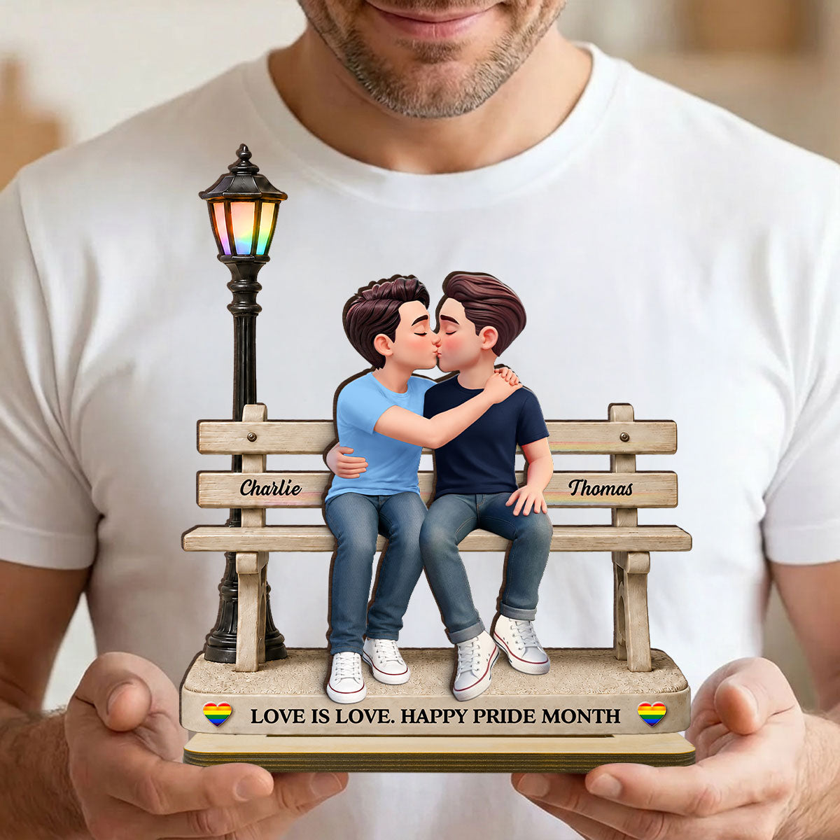 LGBT+ Couple Sitting On Bench - Personalized 2-Layered Wooden Plaque - Gift For Couple, Happy Pride Month
