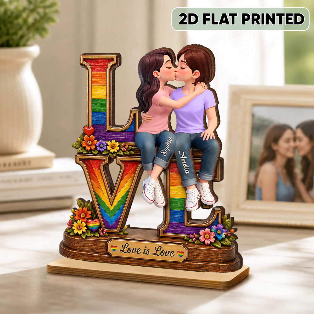 Love Is Love LGBT+ Couple Rose - Personalized 2-Layered Wooden Plaque - Gift For Couple, Happy Pride Month