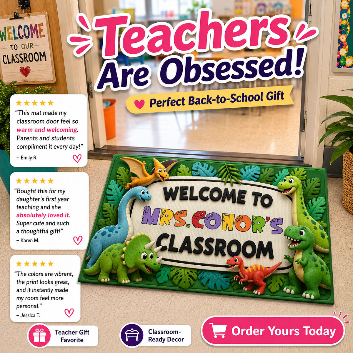 Kids Safari Dinosaur Welcome To Classroom - Personalized Doormat - Back To School Gift For Teachers, Classroom Decors