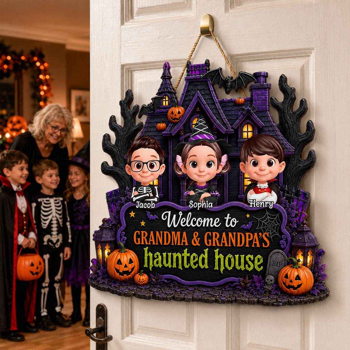 Halloween Vibe Welcome to Grandma Grandpa's House - Personalized Door Hanger Sign - Halloween Decor