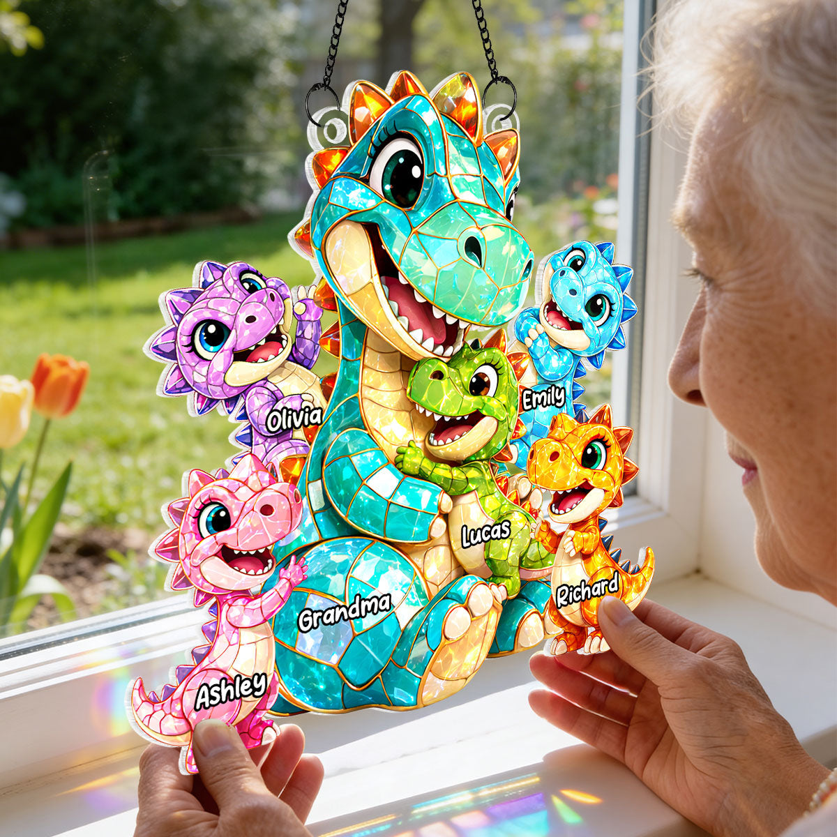 Dinosaur Grandma Grandkids - Personalized Suncatcher - Heartfelt Mother's Day Gift for Grandma, Mom, Wife