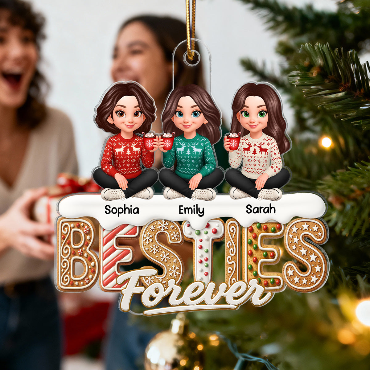3D Effect Gingerbread Besties Forever - Personalized Acrylic Ornament - Gift For Besties