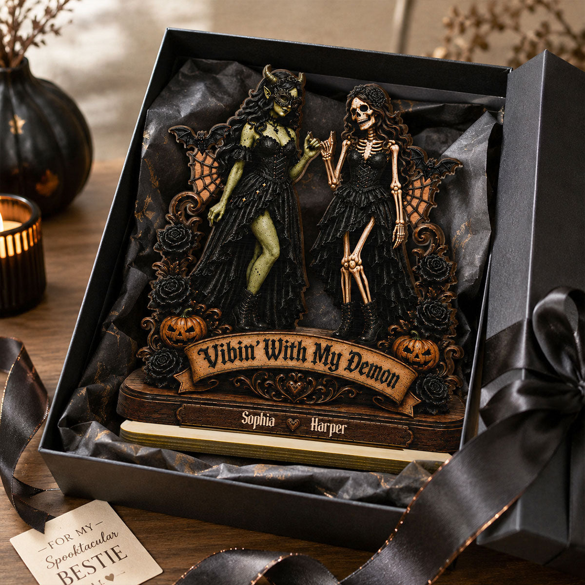 Vibin' With My Demon 2D Flat - Personalized Wooden Plaque - Halloween Decoration, Friendship Keepsake