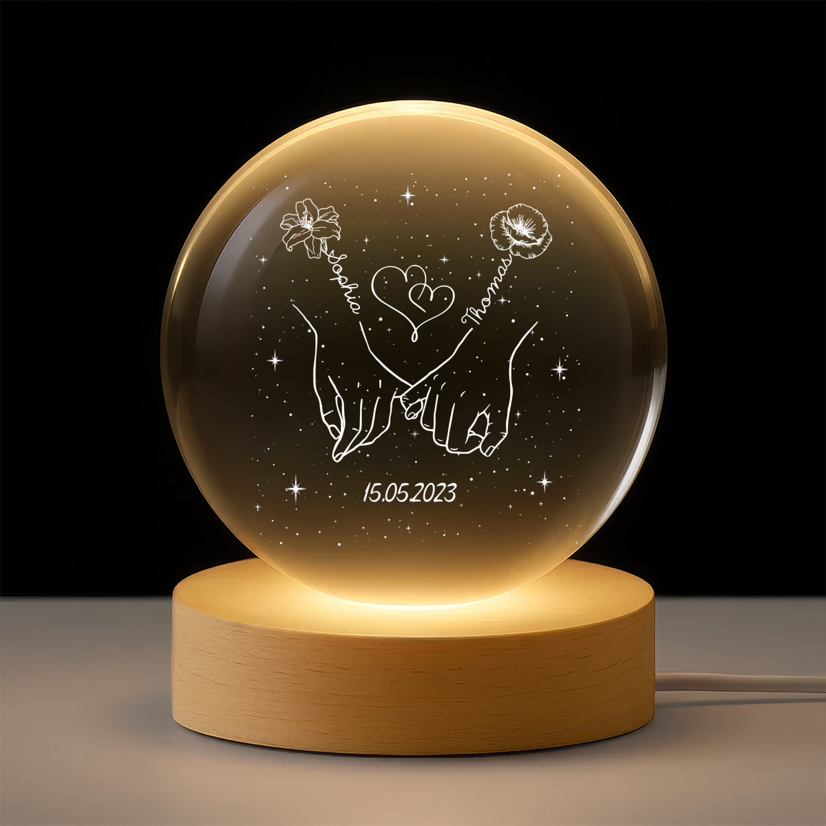 Eternal Love Couple Holding Hands Custom Birth Month Flowers - Personalized Crystal Ball LED Night Light - Valentine's Day Gift For Couple