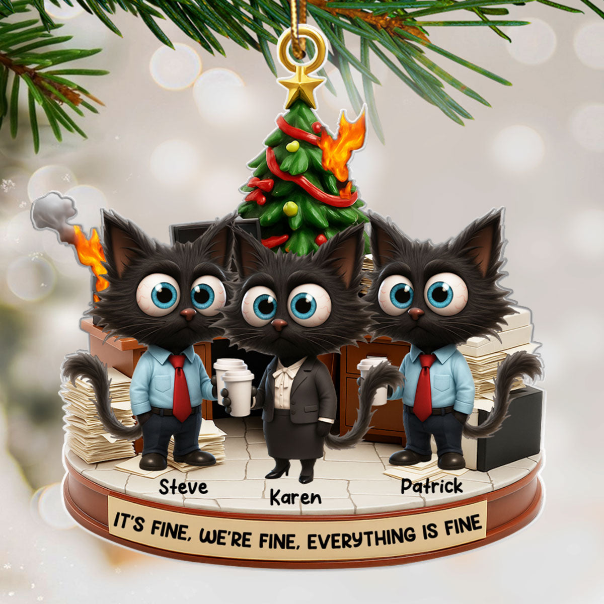 Office Chaos It's Fine We're Fine Funny Cat - Personalized Acrylic Ornament - Christmas Gift for Coworkers, White Elephant, Secret Santa Gift