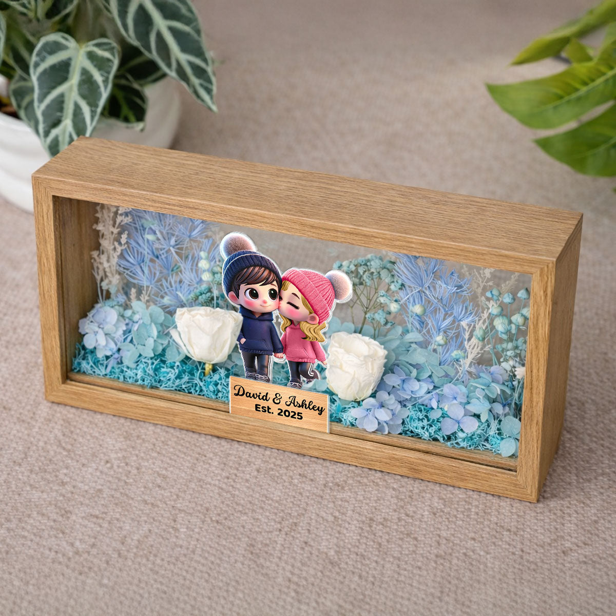 Eternal Love Cute Cartoon Chibi Couple Couple - Personalized DIY Flower Shadow Box LED Night Light - Gift For Couple, For Him, For Her