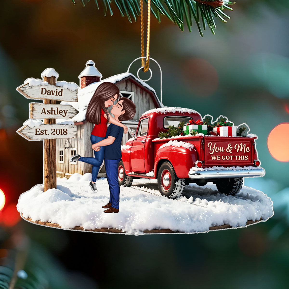Christmas Truck Barn House Couple Sign Post - Personalized Acrylic Ornament - Christmas Gift For Her, For Him, For Couple