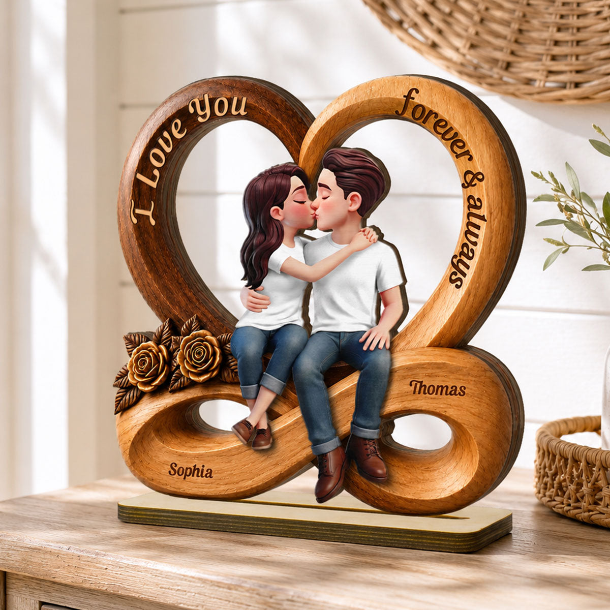 Couple Love You Forever & Always Infinity Heart - Personalized 2-Layered Wooden Plaque - Anniversary Gift For Couple, For Him, For Her