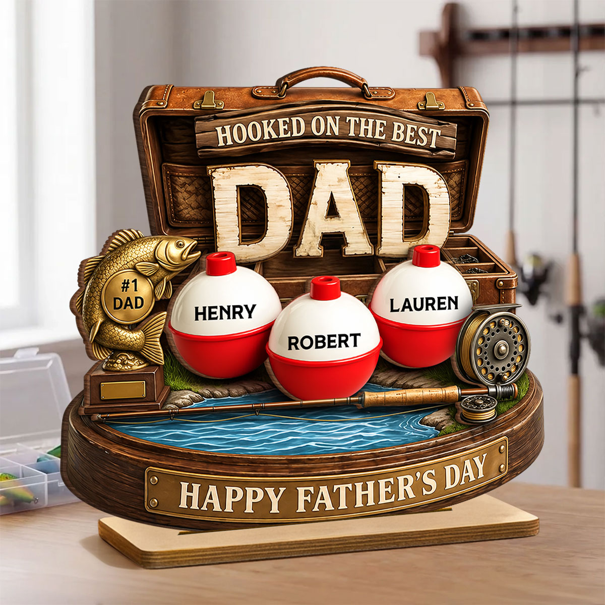 Hooked On The Best Dad Fishing - Personalized 2-Layered Wooden Plaque - Heartfelt Gift For Fishing Dad, Gift For Husband