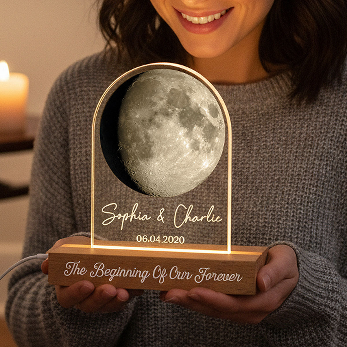 Forever Love Custom Couple Moon Phase Anniversary Date - Personalized Acrylic Block LED Night Light - Valentine's Day Gift For Couple, For Her, For Him