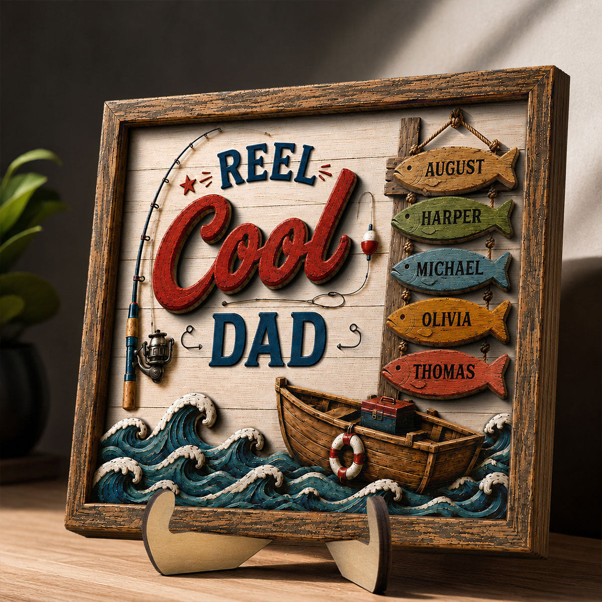 Reel Cool Dad Custom Kids Names Fishing - Personalized Wooden Plaque - Father’s Day Gift For Dad