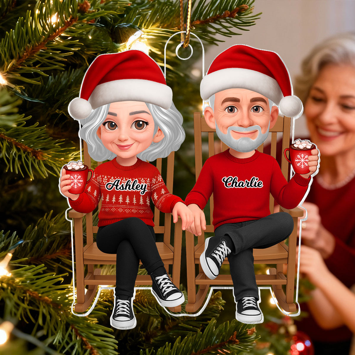 3D Effect Christmas Couple Sitting On Rocking Chair - Personalized Acrylic Ornament - Heartfelt Gift For Couple