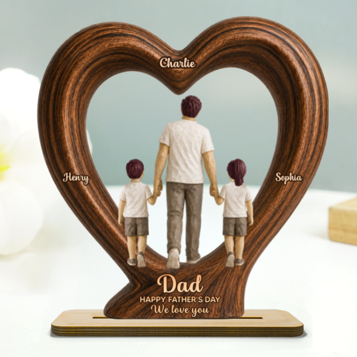 Sentimental Rustic Dad And Kids Walking In Heart 2D Flat - Personalized 2-Layered Wooden Plaque -  Gift For Dad, Husband
