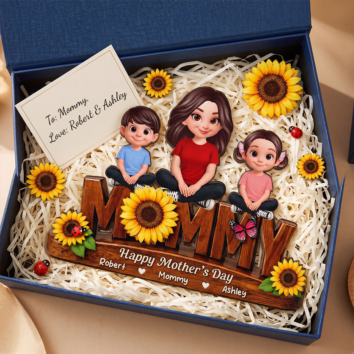 Sunflower Mom And Kids - Personalized 2-Layered Wooden Plaque - Mother's Day Gift For Mom, Wife