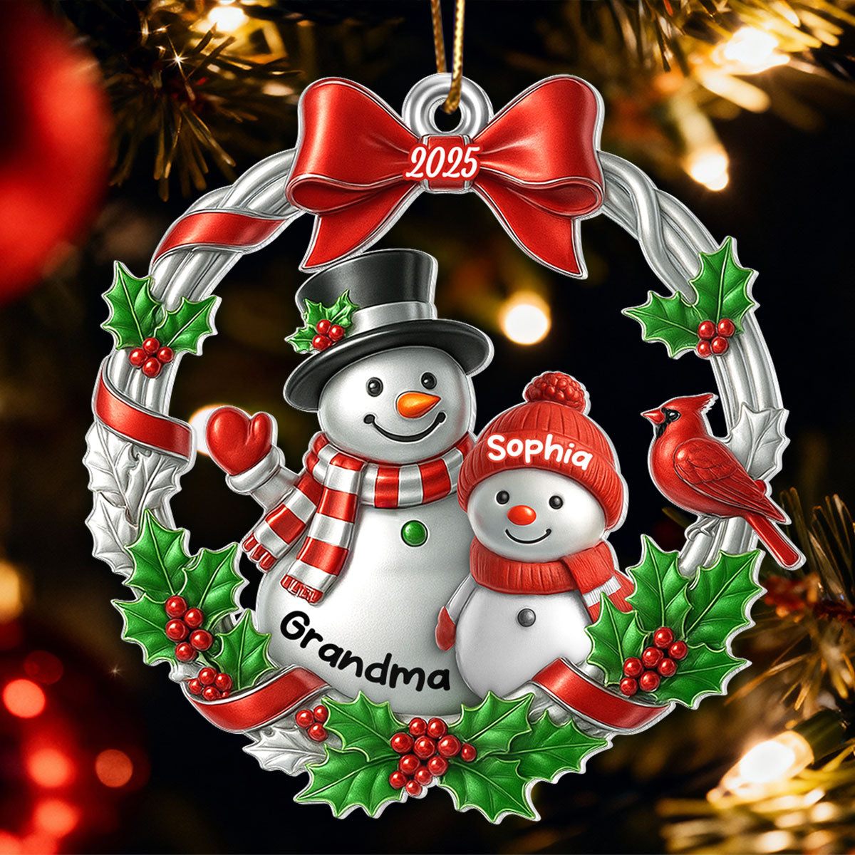 3D Metallic Effect Snowman Grandma Grandkid - Personalized Acrylic Ornament - Christmas Gift for Grandma