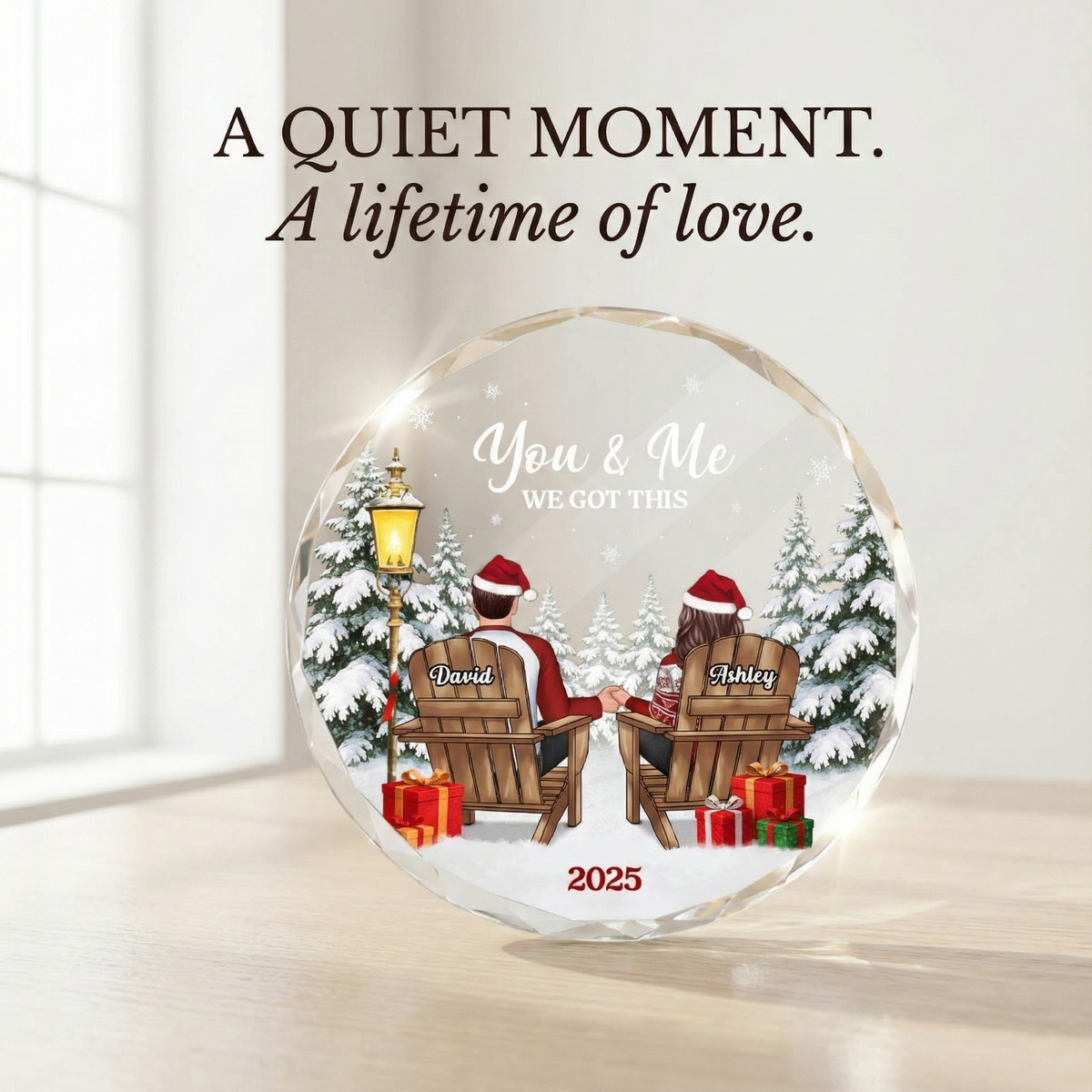 Couple Sitting Winter Landscape - Personalized Glass Ornament - Christmas Gift For Him, For Her, Anniversary Gift