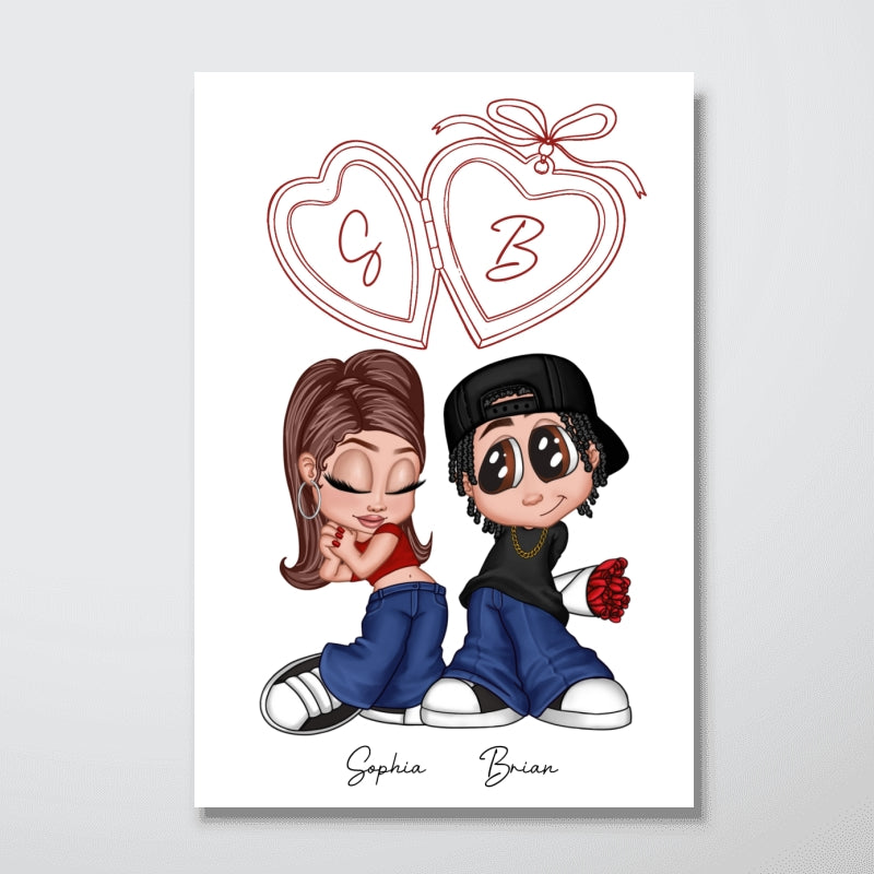 Y2K Couple Custom Initial Heart Locket Art - Personalized Poster - Gift For Her, Gift For Him
