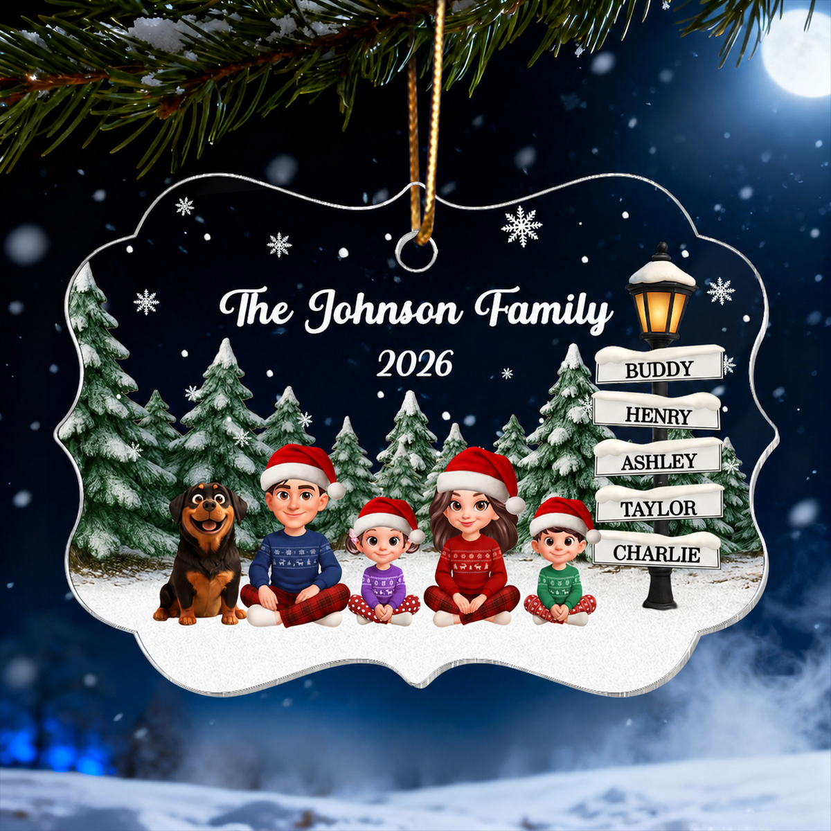 Christmas Snowy Sign Posts Beautiful Family Together - Personalized Acrylic Ornament - Gift For Family