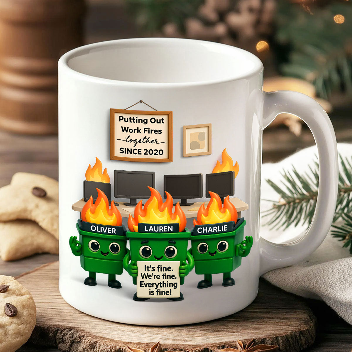 Funny Dumpster Fire Office Chaos - Personalized Mug - Funny Christmas Gift, White Elephant Gift for Coworkers