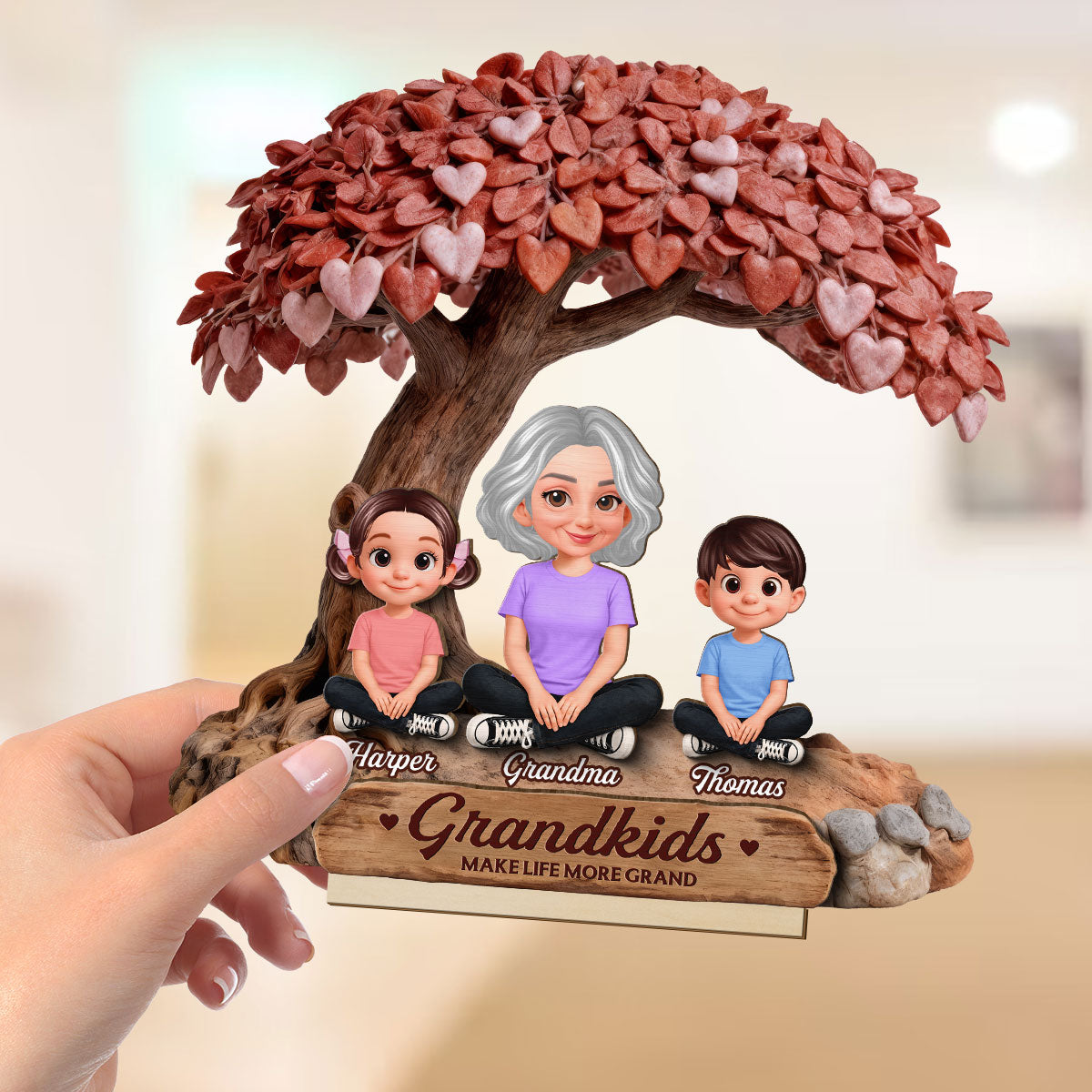Grandma And Grandkids Under Heart Tree - Personalized 2-Layered Wooden Plaque - Gift For Grandma