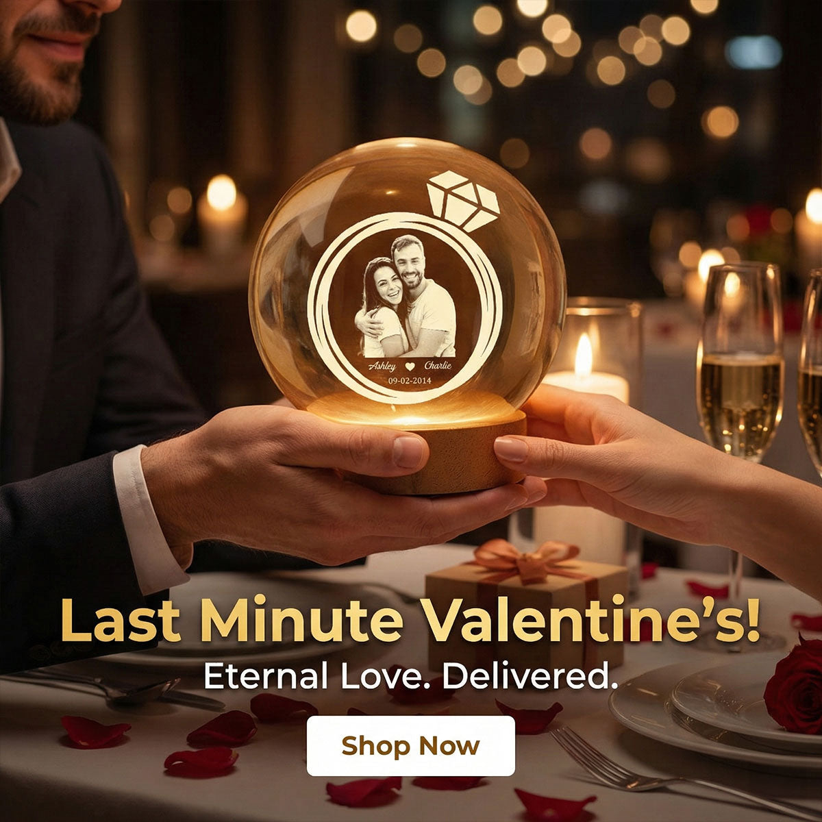 Eternal Love Custom Couple Photo Inside Ring - Personalized Crystal Ball LED Night Light - Valentine's Day Gift For Couple, For Her, For Him