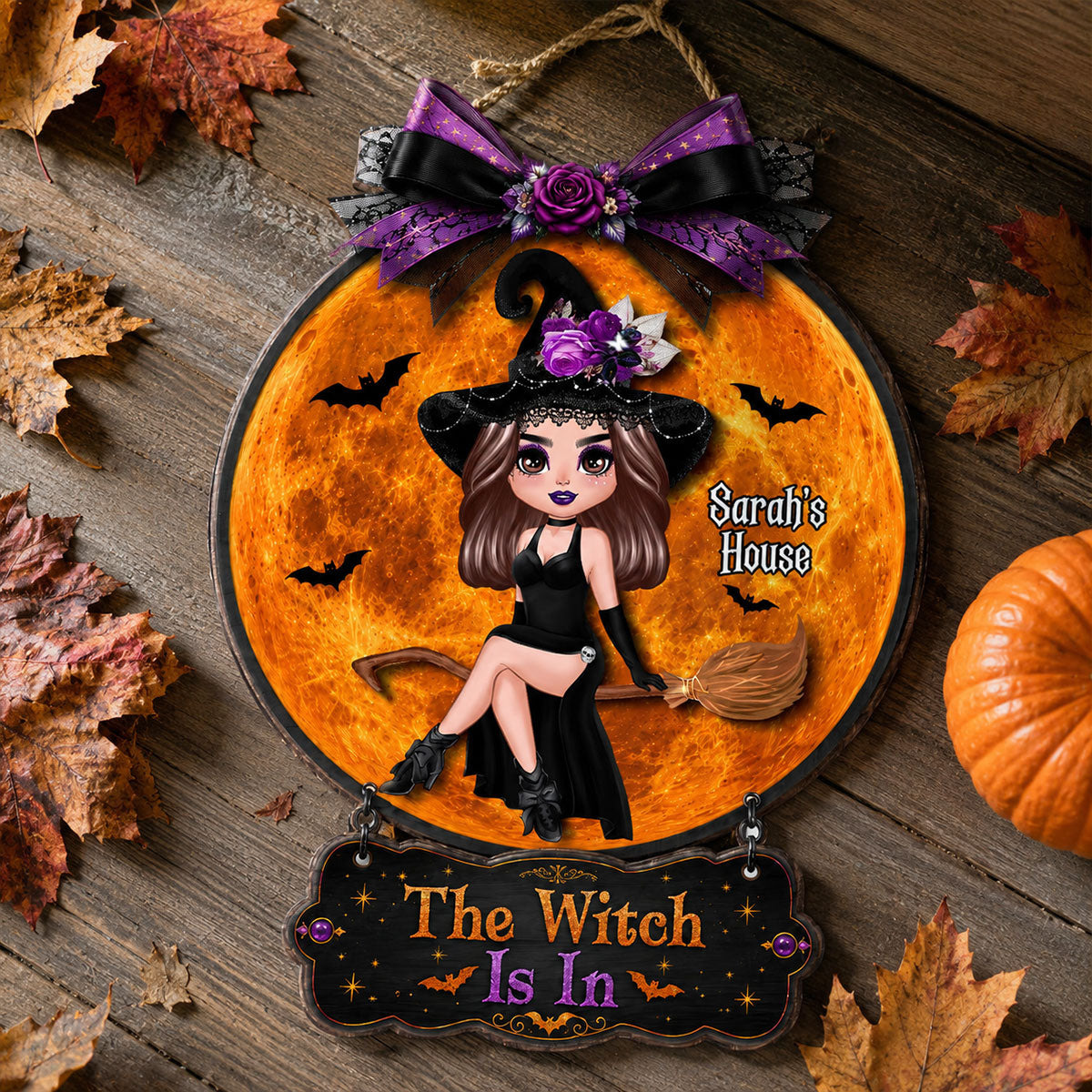 The Witch Is In Witch On Broom - Personalized Door Hanger Sign - Halloween Decor, Wicca Pagan Decor For Witches